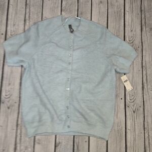 NWT By Anthropologie Short-Sleeve Eyelash Cardigan Sweater Sky Blue Womens L